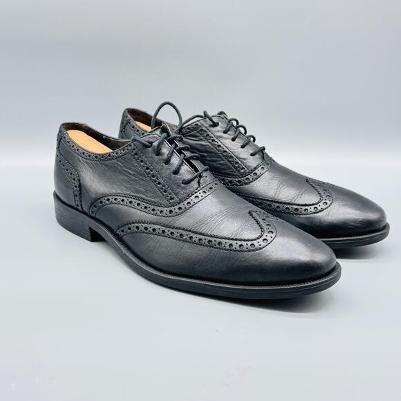 Cole Haan Shoes Men 9 Black Leather Wingtip Brogue Oxford Slip On Lace Up Dress - Picture 2 of 13